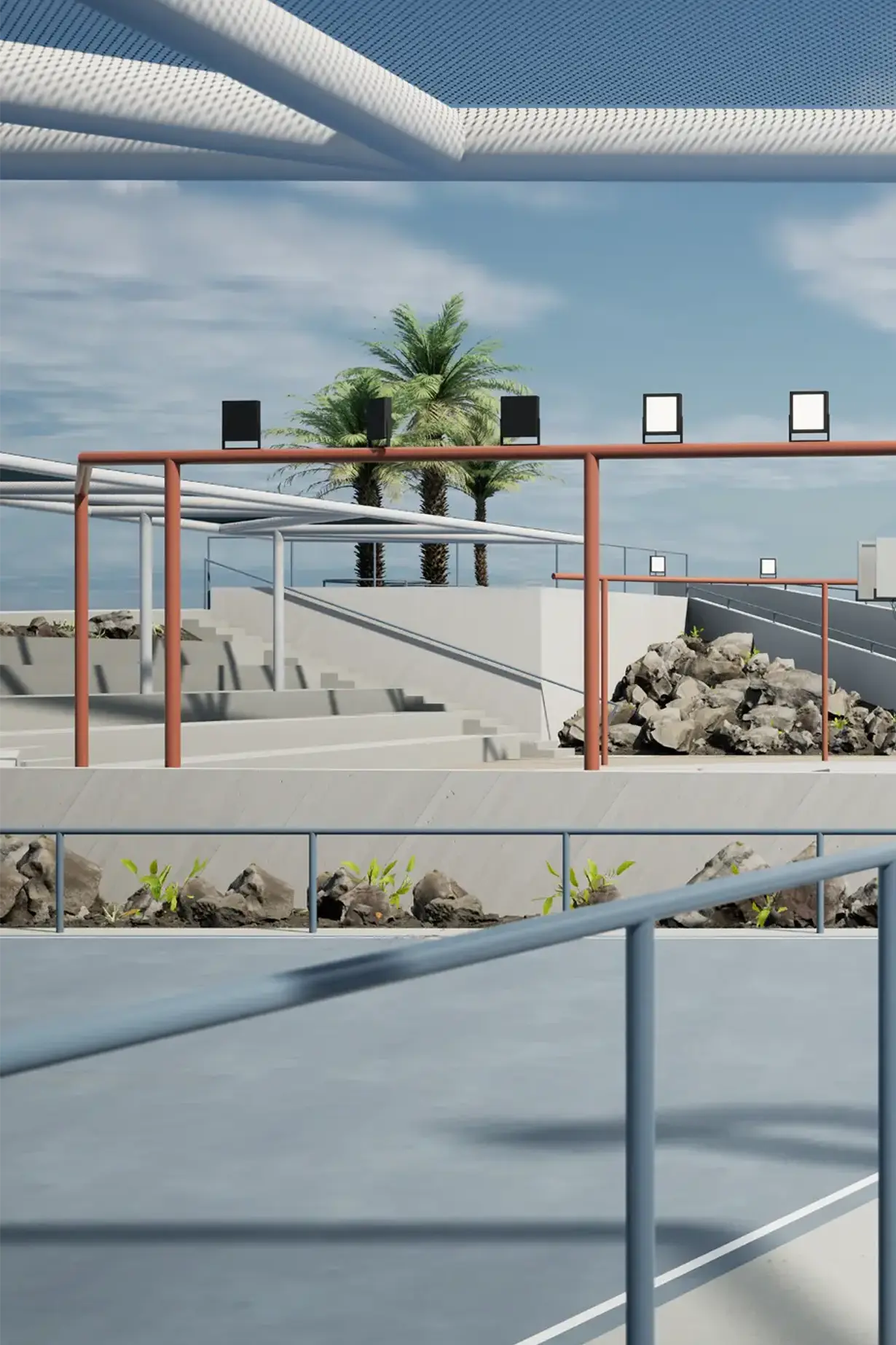 espacio-publico-zona-deportiva-pergola-sombra-estructura-iluminacion-exterior-promenade-vertical