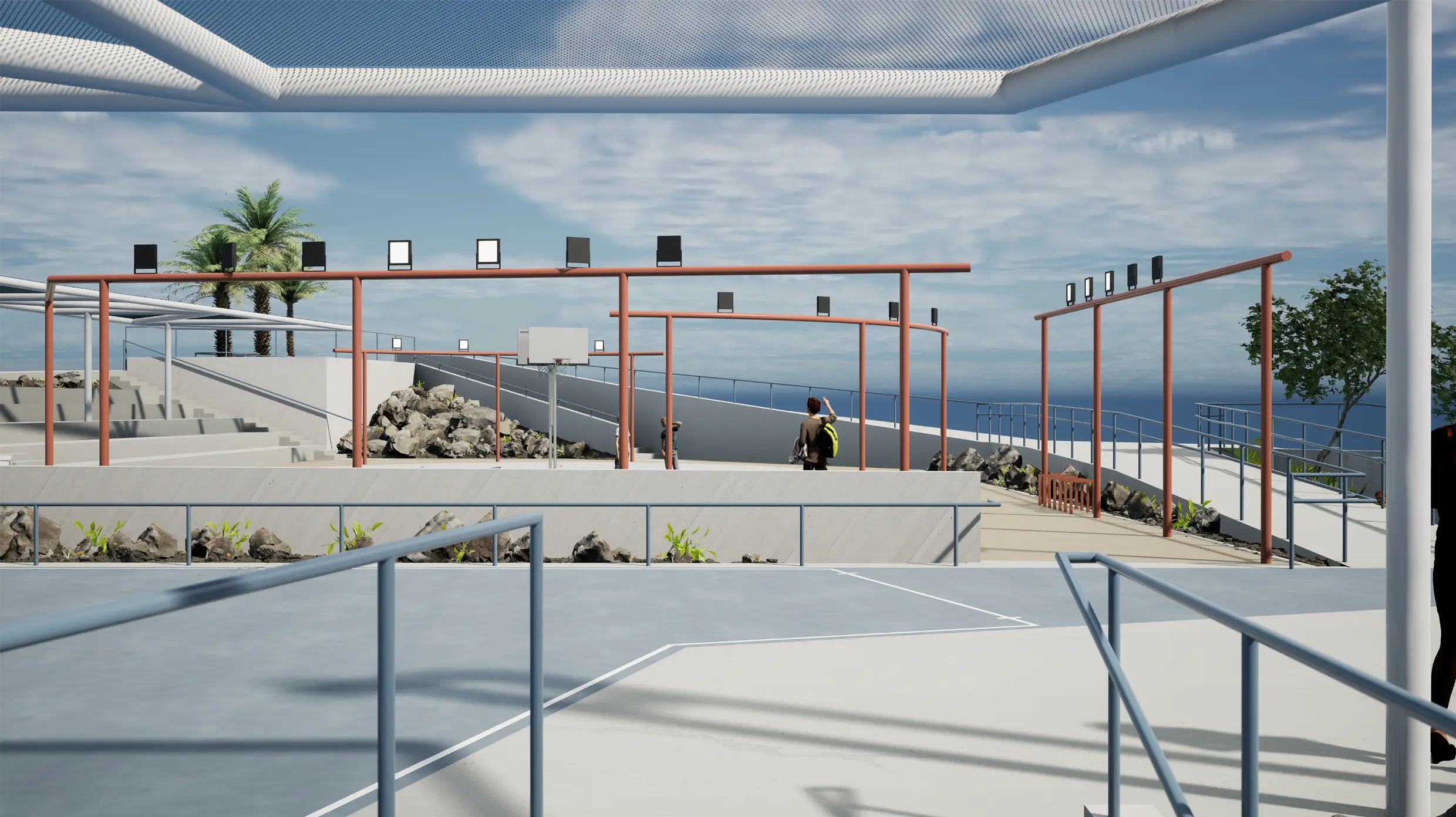 espacio-publico-zona-deportiva-pergola-sombra-estructura-iluminacion-exterior-promenade